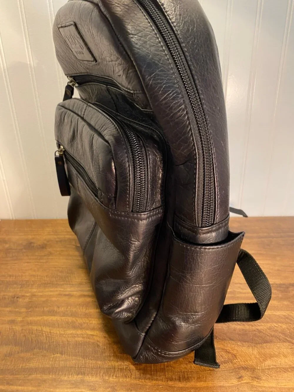CHAPS Genuine Leather Backpack - Black Multi Pocket Travel Laptop School Bag